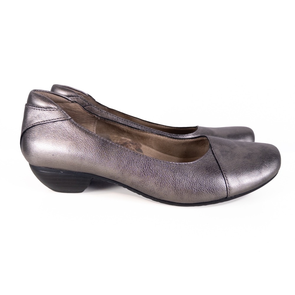 Taos Debut Shoes Heels Womens 7.5 EU 38 Pewter Metallic Leather Slip On Comfort